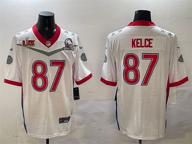 White Kansas City Chiefs #87 Travis Kelce 2025 Super Bowl LIX Patch Pro Bowl Vapor Limited Stitched Football Jersey - KCJ29