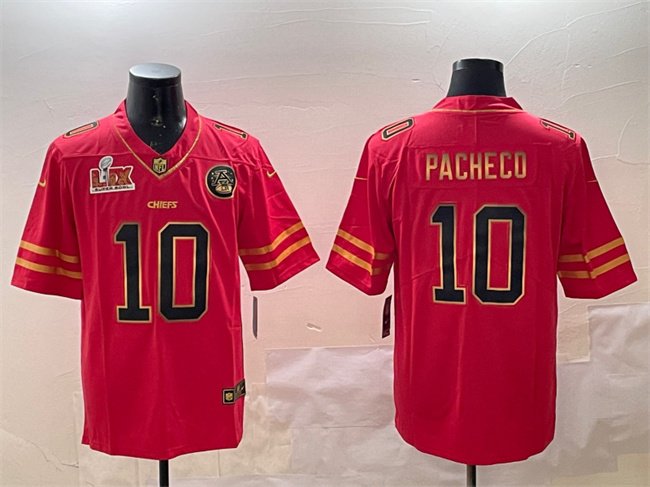 Red Gold Kansas City Chiefs #10 Isiah Pacheco 2025 Super Bowl LIX Patch Vapor Limited Stitched Football Jersey - KCJ56