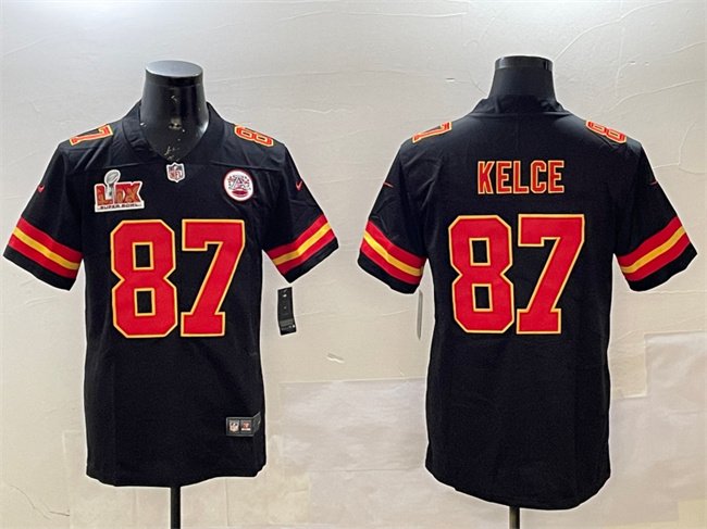 Black Kansas City Chiefs #87 Travis Kelce 2025 Super Bowl LIX Patch Vapor Untouchable Limited Stitched Football Jersey - KCJ47