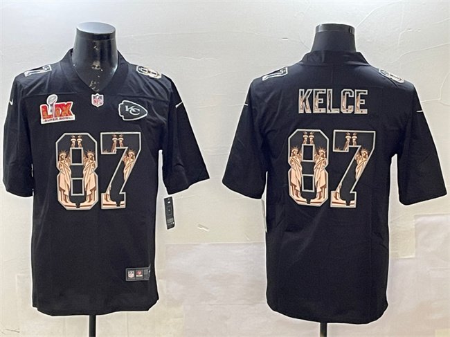 Black Kansas City Chiefs #87 Travis Kelce 2025 Super Bowl LIX Patch Statue of Liberty Vapor Limited Stitched Football Jersey - KCJ27