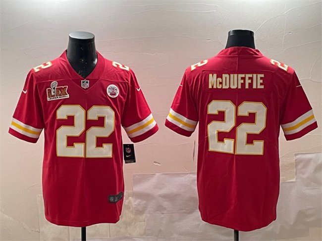 Red Kansas City Chiefs #22 Trent McDuffie 2025 Super Bowl LIX Patch Vapor Untouchable Limited Stitched Football Jersey - KCJ25