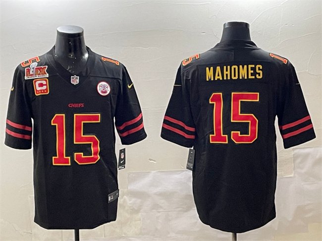 Black Gold Kansas City Chiefs #15 Patrick Mahomes 2025 Super Bowl LIX Patch And 4-star C Patch Vapor Limited Stitched Football Jersey - KCJ15