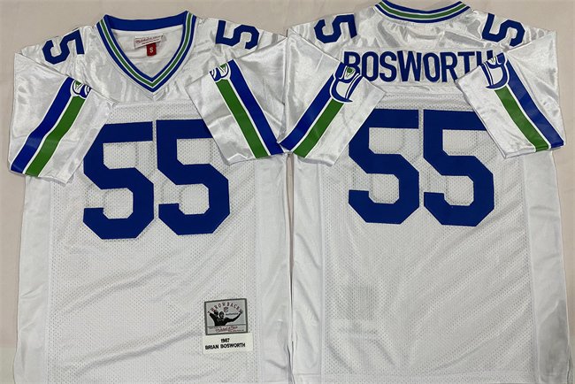 White Seattle Seahawks #55 Brian Bosworth Throwback Stitched Football Jersey