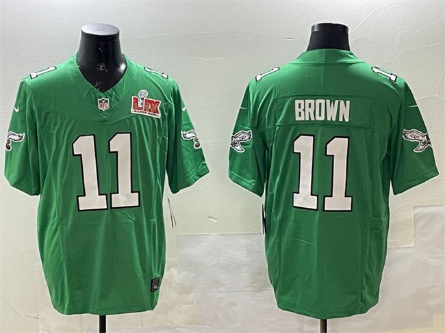 Green Philadelphia Eagles #11 A.J. Brown 2025 Super Bowl LIX Patch F.U.S.E. Throwback Vapor Untouchable Limited Stitched Football Jersey - PEL169