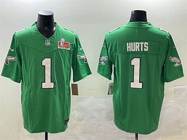 Green Philadelphia Eagles #1 Jalen Hurts 2025 Super Bowl LIX Patch F.U.S.E. Throwback Vapor Untouchable Limited Stitched Football Jersey - PEL13