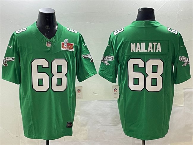 Green Philadelphia Eagles #68 Jordan Mailata 2025 Super Bowl LIX Patch F.U.S.E. Throwback Vapor Untouchable Limited Stitched Football Jersey - PEL121