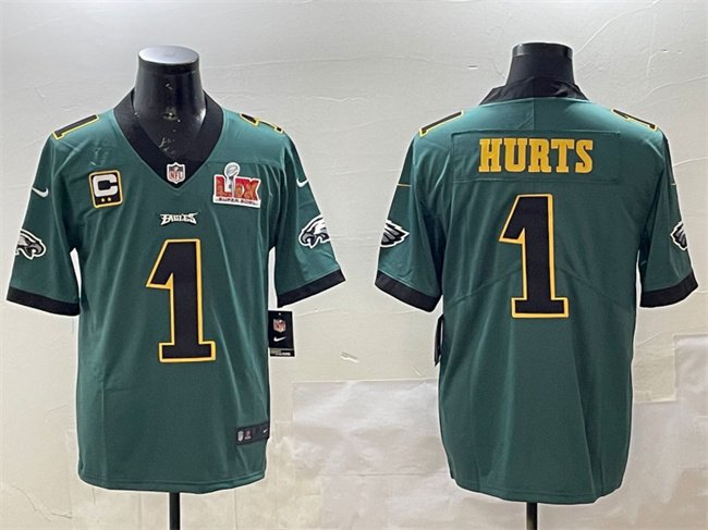 Green Golden Philadelphia Eagles #1 Jalen Hurts 2025 Super Bowl LIX Patch And 2-star C Patch Vapor Untouchable Limited Stitched Football Jersey - PEL230