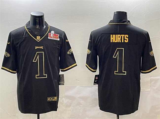 Black/Gold Philadelphia Eagles #1 Jalen Hurts 2025 Super Bowl LIX Patch Salute To Service Vapor Untouchable Limited Stitched Football Jersey - PEL10