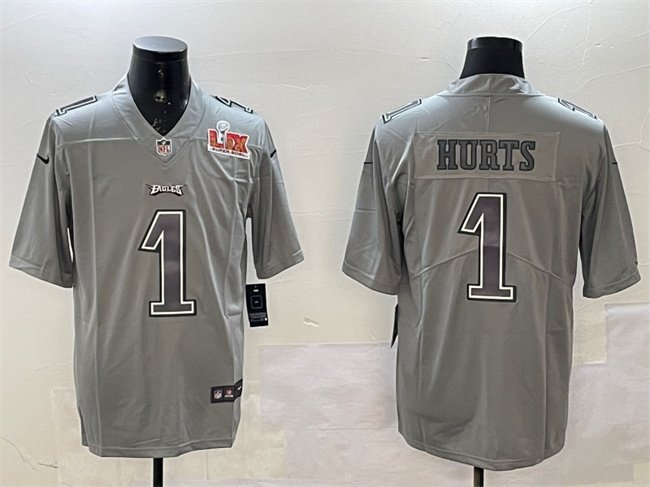 Grey Philadelphia Eagles #1 Jalen Hurts 2025 Super Bowl LIX Patch Atmosphere Fashion Vapor Untouchable Limited Stitched Football Jersey - PEL72