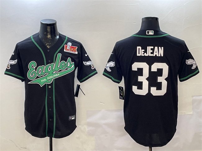 Black Philadelphia Eagles #33 Cooper DeJean 2025 Super Bowl LIX Patch Cool Base Stitched Baseball Jersey - PEL170
