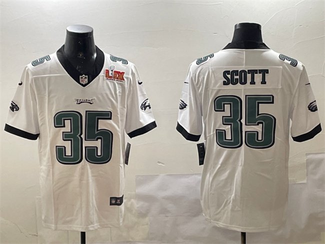 White Philadelphia Eagles #35 Boston Scott 2025 Super Bowl LIX Patch Vapor Untouchable Limited Stitched Football Jersey - PEL190