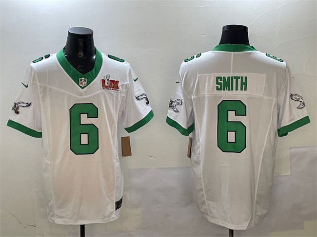 White Philadelphia Eagles #6 DeVonta Smith 2025 Super Bowl LIX Patch F.U.S.E. Vapor Untouchable Limited Stitched Football Jersey - PEL182
