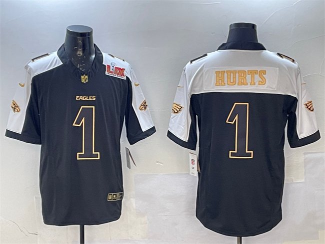 Black/Gold Philadelphia Eagles #1 Jalen Hurts 2025 Super Bowl LIX Patch New F.U.S.E. Vapor Untouchable Limited Stitched Football Jersey - PEL153