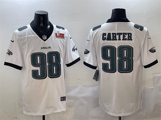 White Philadelphia Eagles #98 Jalen Carter 2025 Super Bowl LIX Patch New Vapor Untouchable Limited Stitched Football Jersey - PEL225