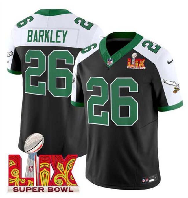Black/White Philadelphia Eagles #26 Saquon Barkley 2025 Super Bowl LIX Patch F.U.S.E. Vapor Untouchable Limited Stitched Football Jersey - PEL71