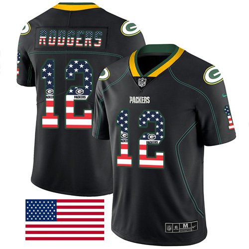 Nike Packers #12 Aaron Rodgers Black Stitched NFL Limited Rush USA Flag Jersey - GBJ335