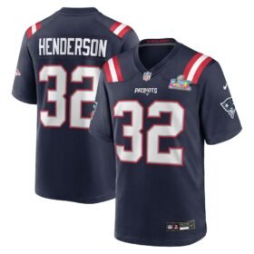 New England Patriots #32 TreVeyon Henderson Navy Super Bowl LX Patch Game Jersey - NEP135