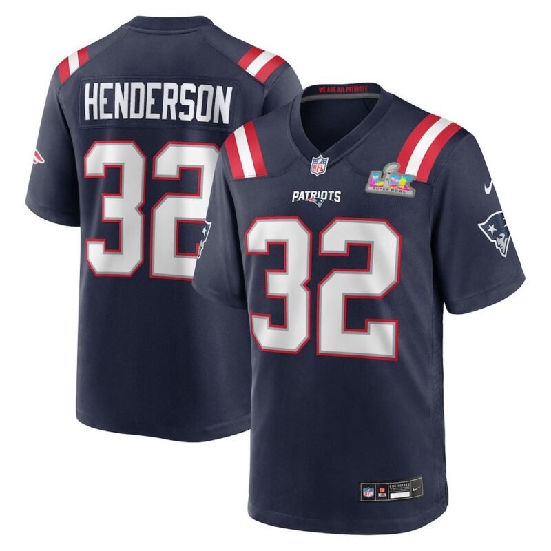 New England Patriots #32 TreVeyon Henderson Navy Super Bowl LX Patch Game Jersey - NEP135