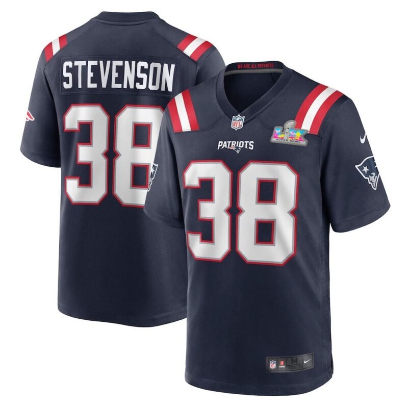 New England Patriots #38 Rhamondre Stevenson Navy Super Bowl LX Patch Game Jersey - NEP142