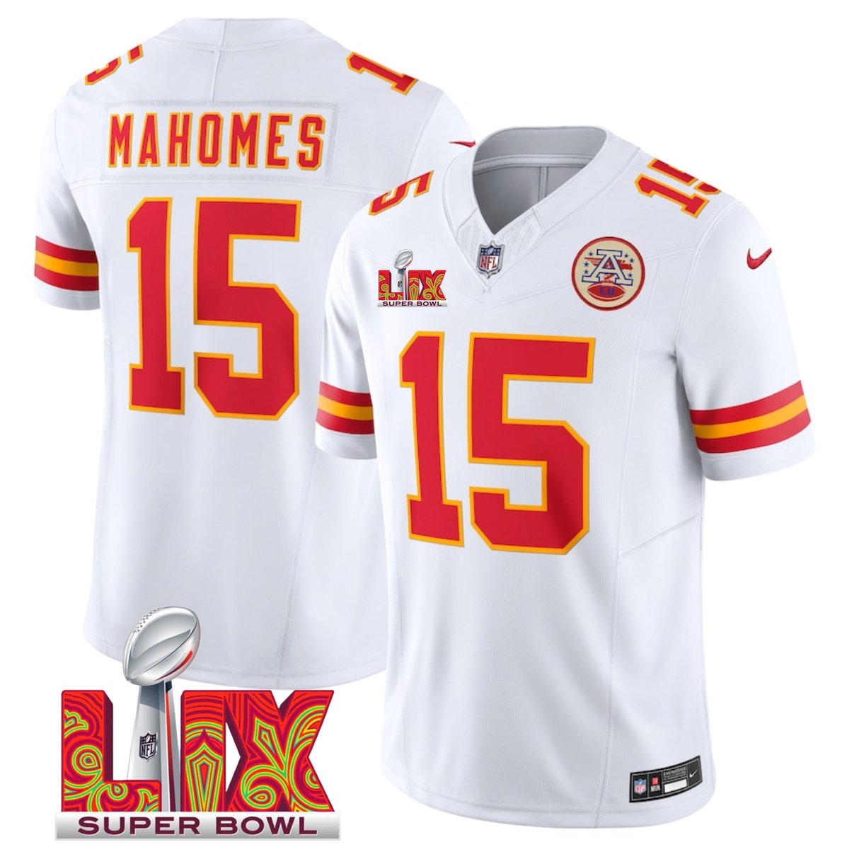 White Kansas City Chiefs #15 Patrick Mahomes 2025 Super Bowl LIX Patch F.U.S.E. Vapor Limited Stitched Football Jersey - KCJ94