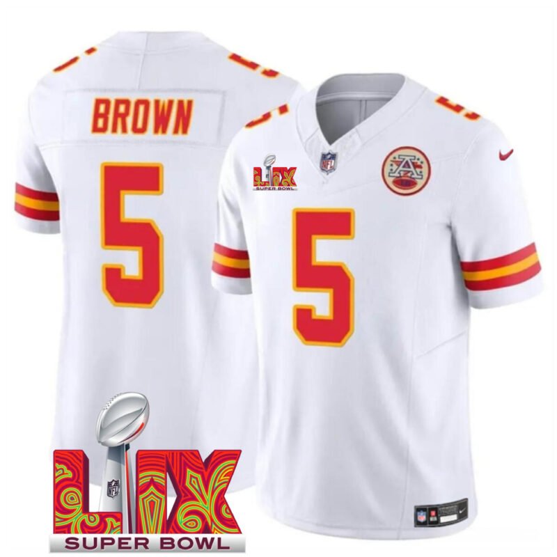 White Kansas City Chiefs #5 Hollywood Brown 2025 Super Bowl LIX Patch F.U.S.E. Vapor Limited Stitched Football Jersey - KCJ49