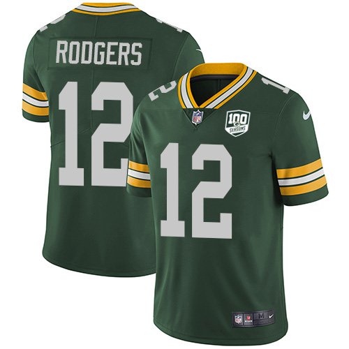 Nike Packers #12 Aaron Rodgers Green Team Color 100th Season Stitched NFL Vapor Untouchable Limited Jersey - GBJ02