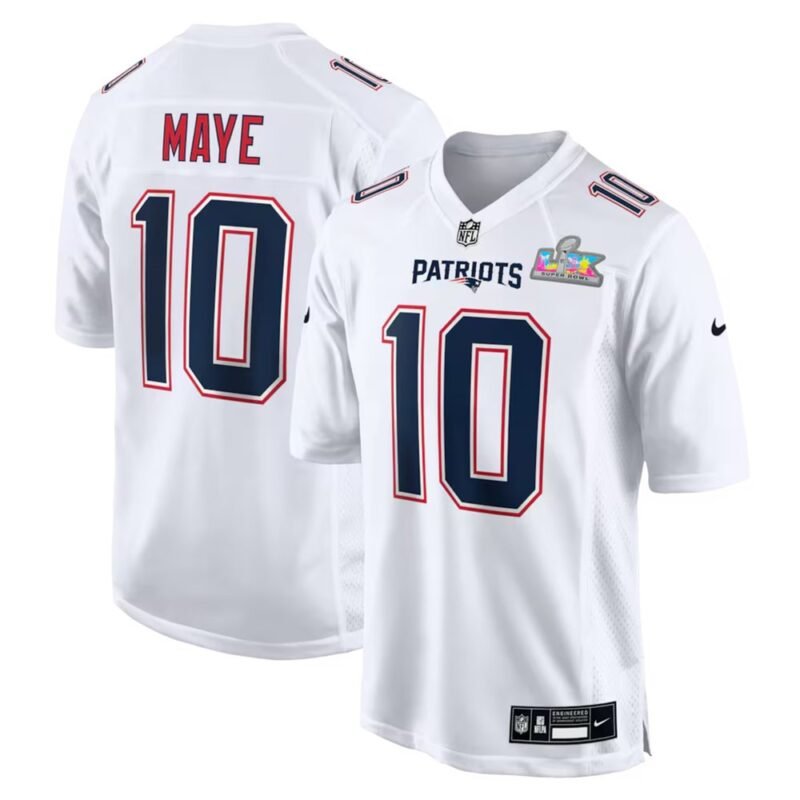 New England Patriots #10 Drake Maye White Super Bowl LX Patch Tundra Fashion Game Jersey - NEP109