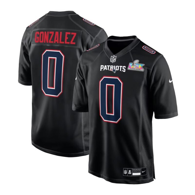 New England Patriots #0 Christian Gonzalez Black Super Bowl LX Patch Carbon Fashion Game Jersey - NEP131