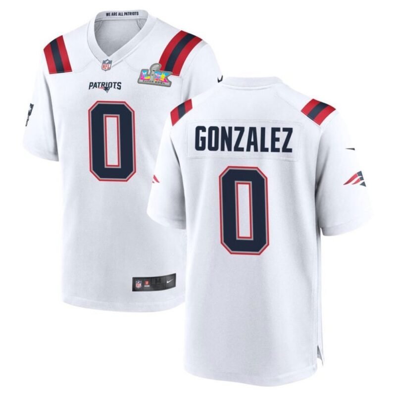 New England Patriots #0 Christian Gonzalez White Super Bowl LX Patch Game Jersey - NEP130