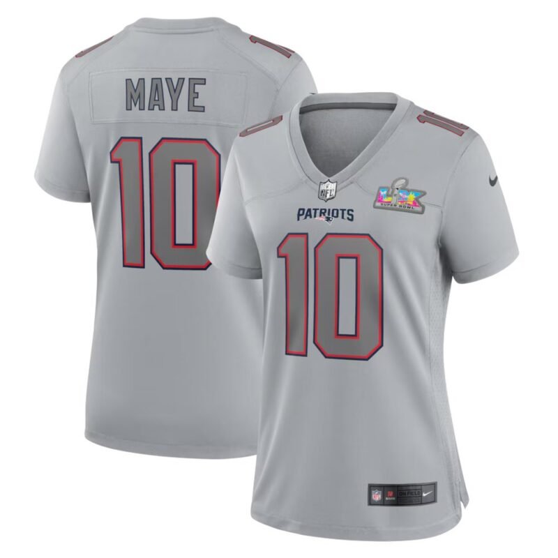 New England Patriots #10 Drake Maye  Silver Super Bowl LX Patch Atmosphere Fashion Game Jersey - NEP94