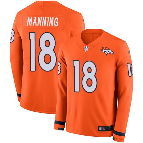 Nike Broncos #18 Peyton Manning Orange Team Color Stitched NFL Limited Therma Long Sleeve Jersey