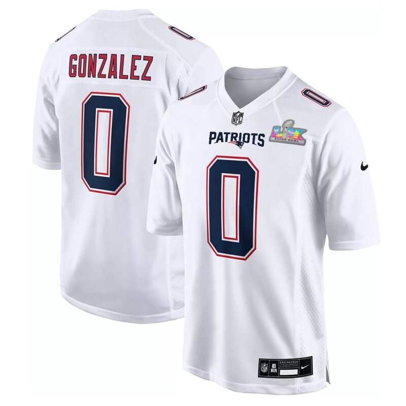 New England Patriots #0 Christian Gonzalez White Super Bowl LX Patch Tundra Fashion Game Jersey - NEP118