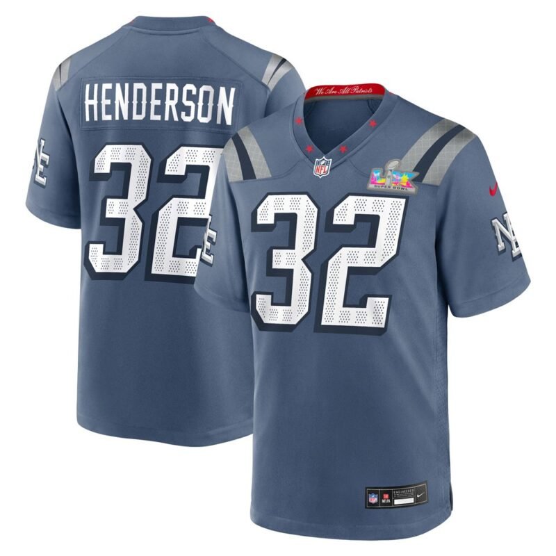 New England Patriots #32 TreVeyon Henderson Blue Super Bowl LX Patch Rivalries Collection Game Jersey - NEP113