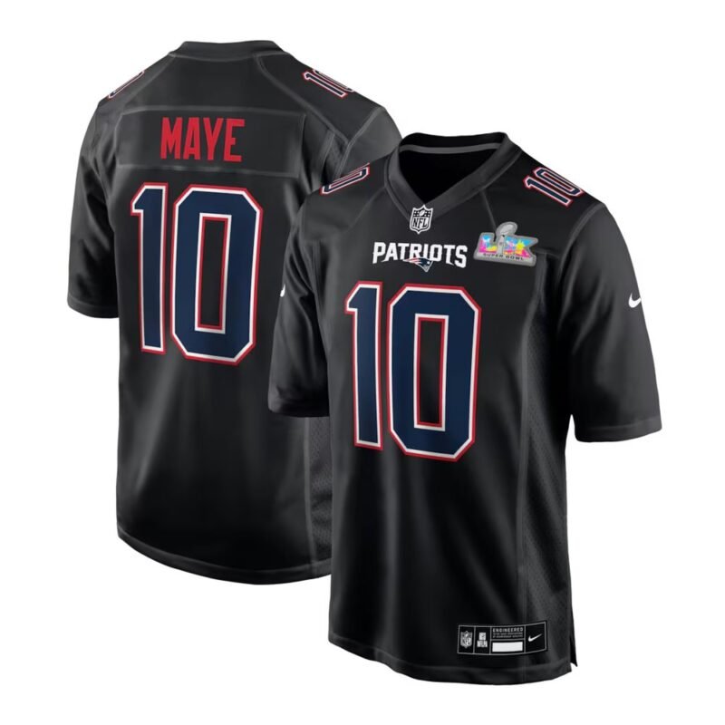 New England Patriots #10 Drake Maye Black Super Bowl LX Patch Carbon Fashion Game Jersey - NEP127