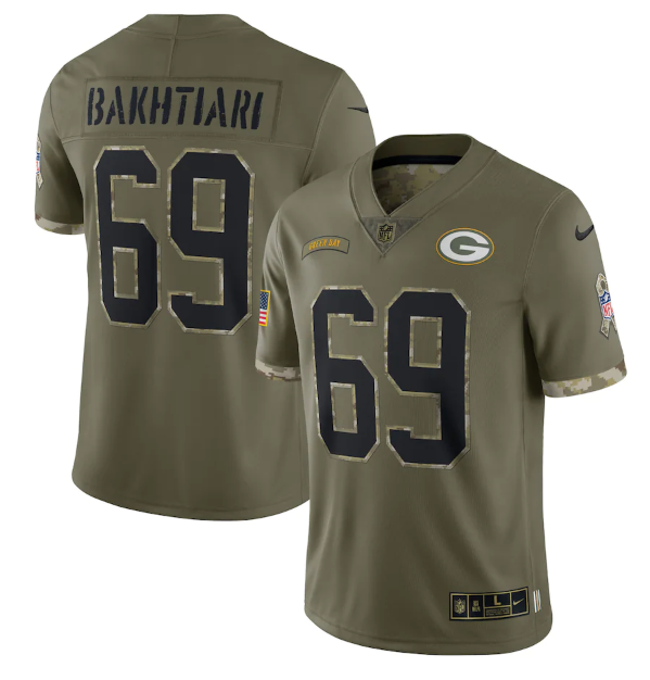 Green Bay Packers #69 David Bakhtiari Olive 2022 Salute To Service Limited Stitched Jersey - GBJ104