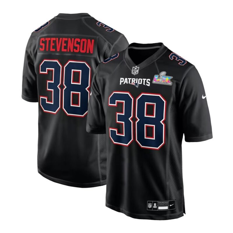 New England Patriots #38 Rhamondre Stevenson Black Super Bowl LX Patch Carbon Fashion Game Jersey - NEP148