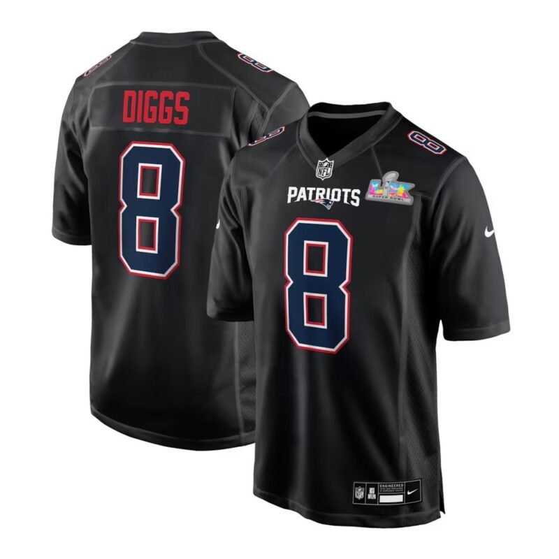 New England Patriots #8 Stefon Diggs Black Super Bowl LX Patch Carbon Fashion Game Jersey - NEP138