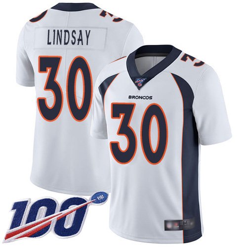 Nike Broncos #30 Phillip Lindsay White Stitched NFL 100th Season Vapor Limited Jersey