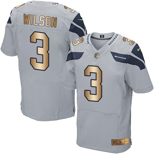 Nike Seahawks #3 Russell Wilson Grey Alternate Stitched NFL Elite Gold Jersey