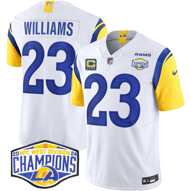 White Los Angeles Rams #23 Kyren Williams 2024 NFC West Champions With 4-Star C Patch F.U.S.E. Vapor Untouchable Stitched Football Jersey - LAR36