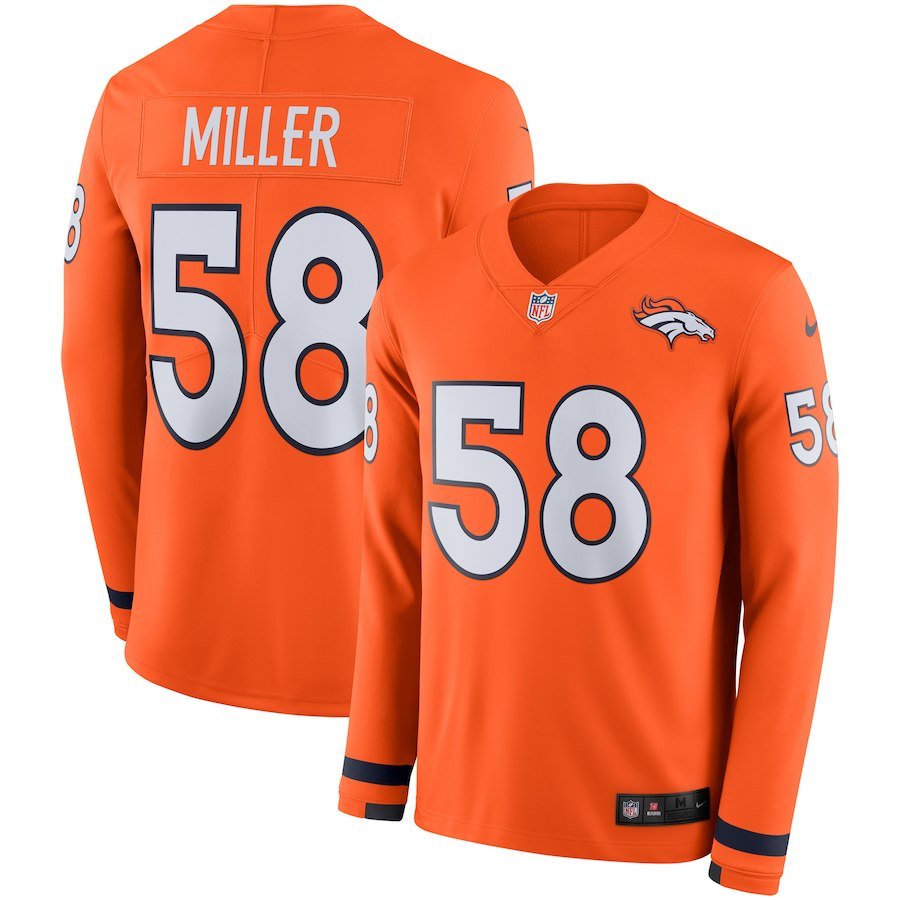 Broncos #58 Von Miller Orange Team Color Stitched NFL Limited Therma Long Sleeve Jersey