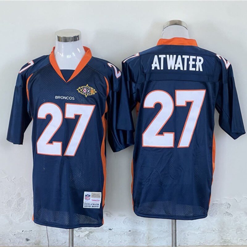 Navy Denver Broncos #27 Steve Atwater Mitchel & Ness With Super Bowl Patch Stitched Throwback NFL Jersey