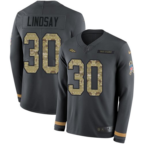 Nike Broncos #30 Phillip Lindsay Anthracite Salute to Service Stitched NFL Limited Therma Long Sleeve Jersey