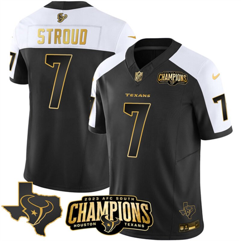 Black/White Golden Houston Texans #7 C.J. Stroud 2023 F.U.S.E. With AFC South Champions Patch And Team Logo Patch Limited Stitched Football Jersey - HTJ404