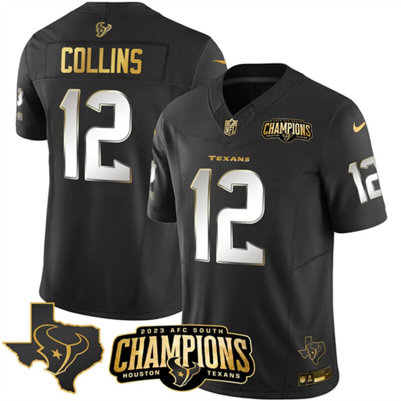 Black Golden Houston Texans #12 Nico Collins 2023 F.U.S.E. With AFC South Champions Patch Limited Stitched Football Jersey - HTJ18