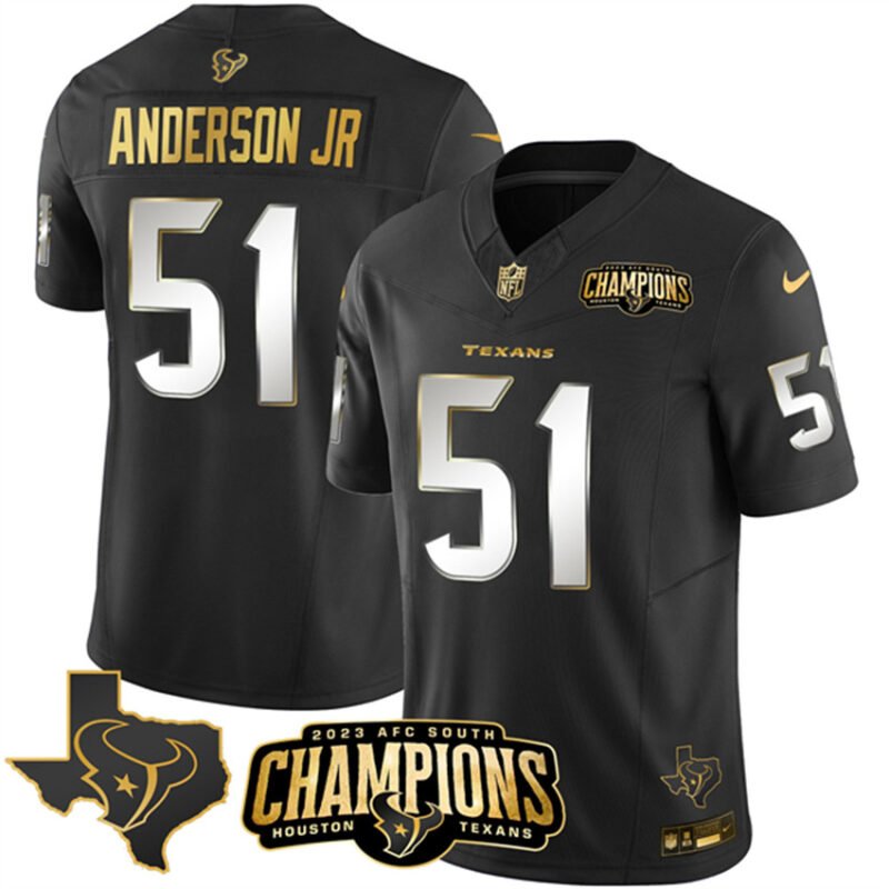 Black Golden Houston Texans #51 Will Anderson Jr. 2023 F.U.S.E. With AFC South Champions Patch And Team Logo Patch Limited Stitched Football Jersey - HTJ274