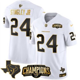 White Golden Houston Texans #24 Derek Stingley Jr. 2023 F.U.S.E. With AFC South Champions Patch And Team Logo Patch Limited Stitched Football Jersey - HTJ326