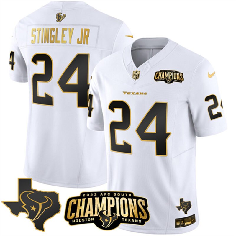 White Golden Houston Texans #24 Derek Stingley Jr. 2023 F.U.S.E. With AFC South Champions Patch And Team Logo Patch Limited Stitched Football Jersey - HTJ326
