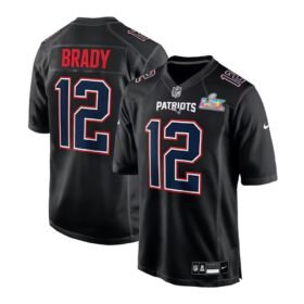 New England Patriots #12 Tom Brady Black Super Bowl LX Patch Carbon Fashion Game Jersey - NEP140