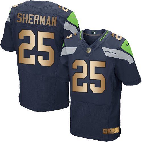 Nike Seahawks #25 Richard Sherman Steel Blue Team Color Stitched NFL Elite Gold Jersey